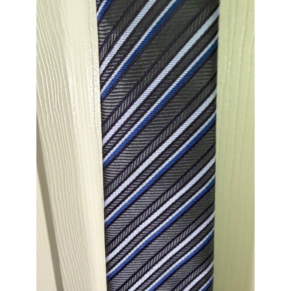 WeiShang Mens Silk Tie Grey Navy Light Blue Diagonal Striped Herringbone Texture